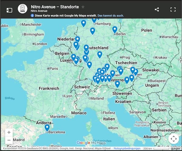 Karte der Nitro Avenue Standorte — Locations zum Geschmack erleben
